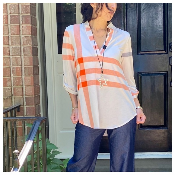 Beige inspired plaid rolled sleeves tunic top - Picture 4 of 16